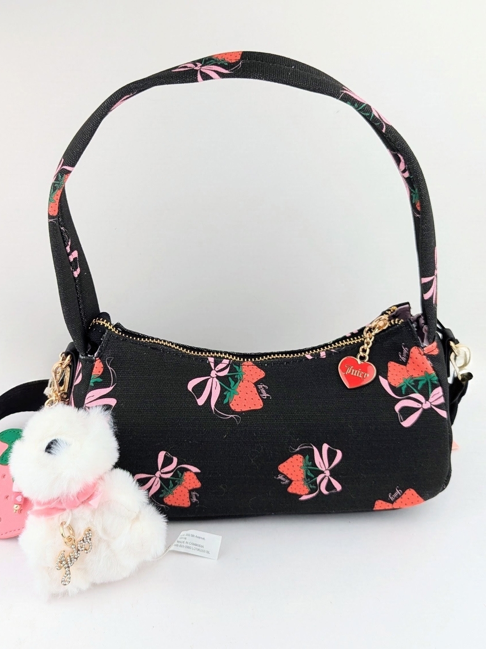 Juicy Couture Black Strawberry Print Shoulder/Crossbody + Puppy & Mirror Charm